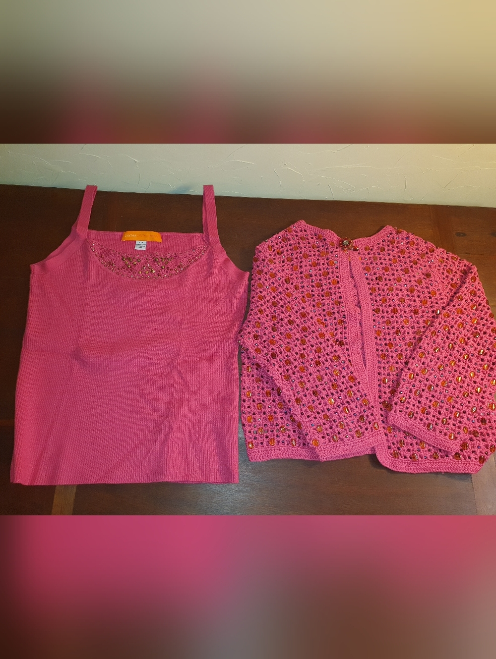 Vintage Late 80s Cynthia Steffe Set Hot Pink Tank Top With Crochet Sweater
